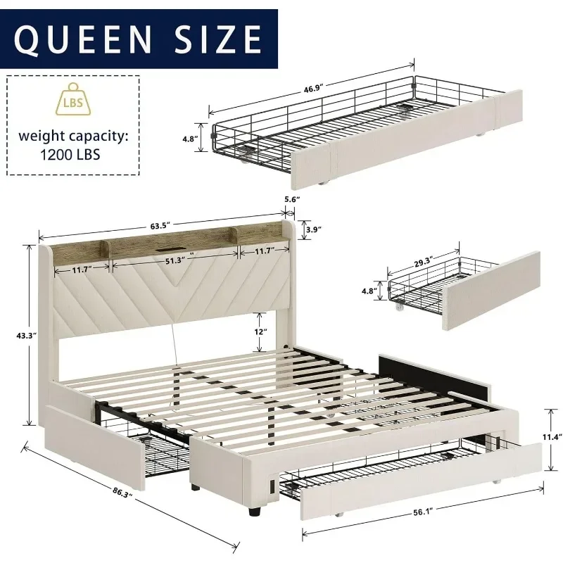 Bed Frame Queen Size with Headboard, Upholstered Platform Bedframe with 3 Underbed Storage Drawers, AC USB Type C Charge Station