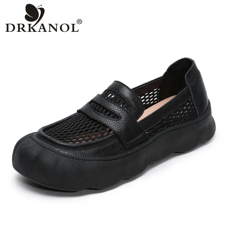 

DRKANOL Summer Air Mesh Breathable Slip On Loafers Women Genuine Leather Flat Shoes Handmade Retro Style Soft Casual Shoes Lady