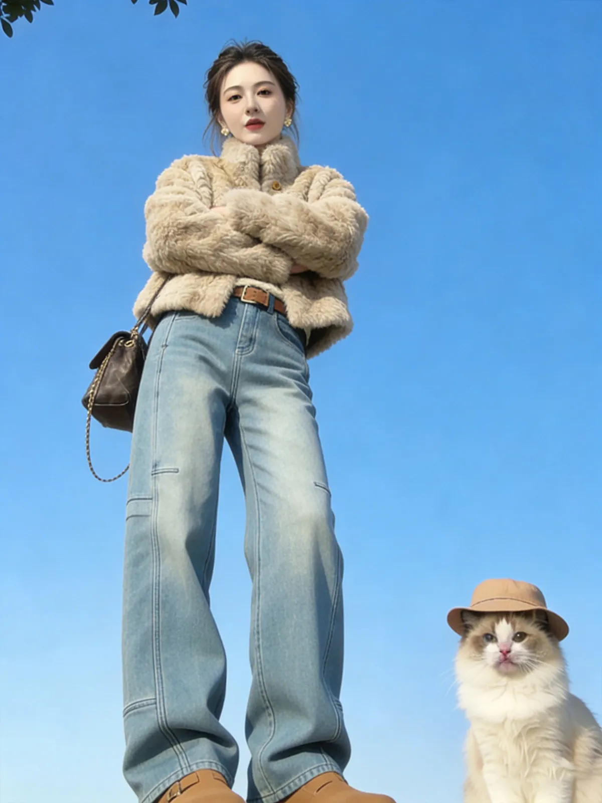 

Женские джинсы с высокой талией, на флисовой подкладке, синие, повседневные, с декоративными элементами, свободного кроя, осень-зима, новинка