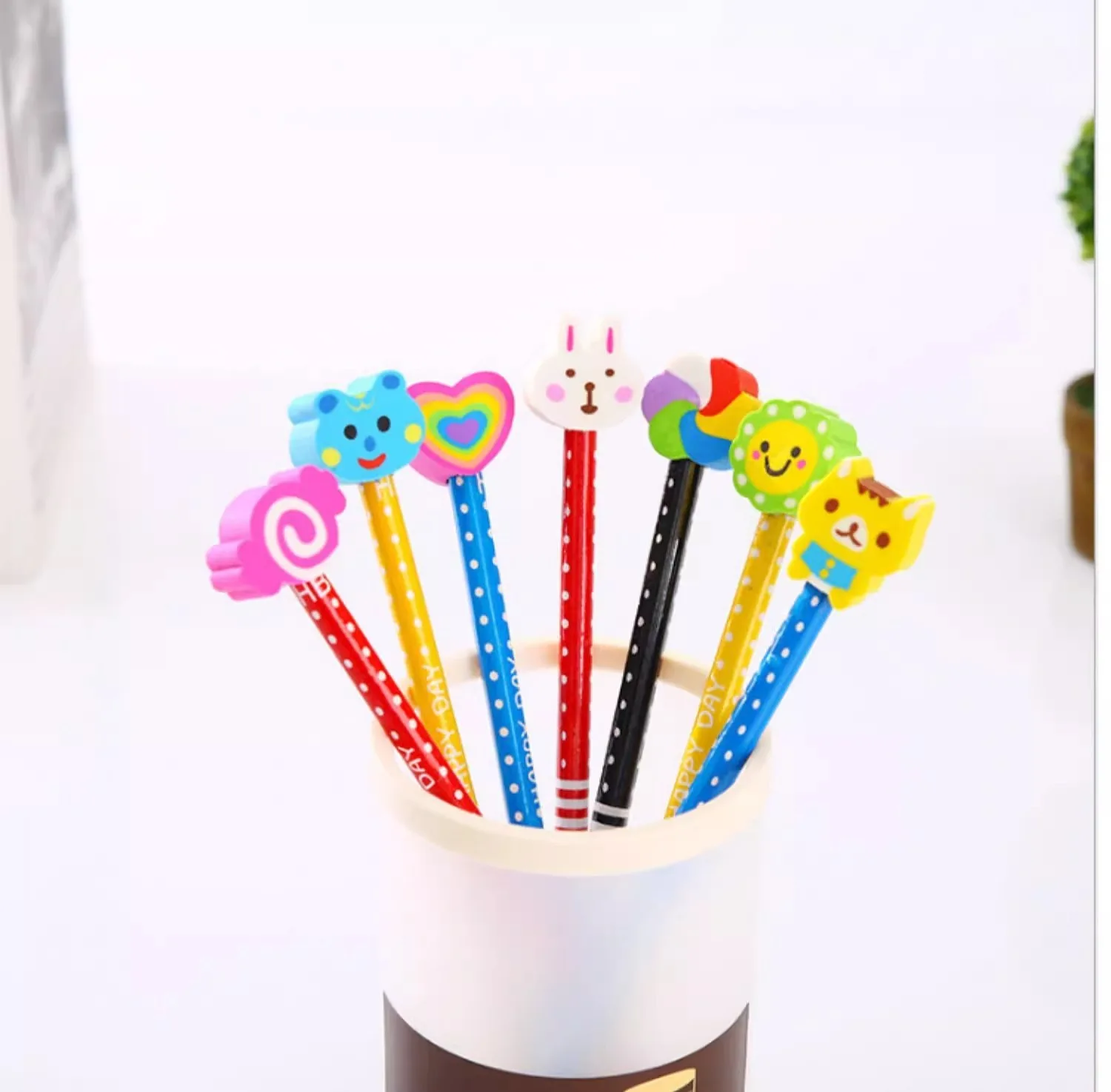 40piece Random cartoon animal HB pencils School students Wooden pen with removable eraser cute erasable correction pen