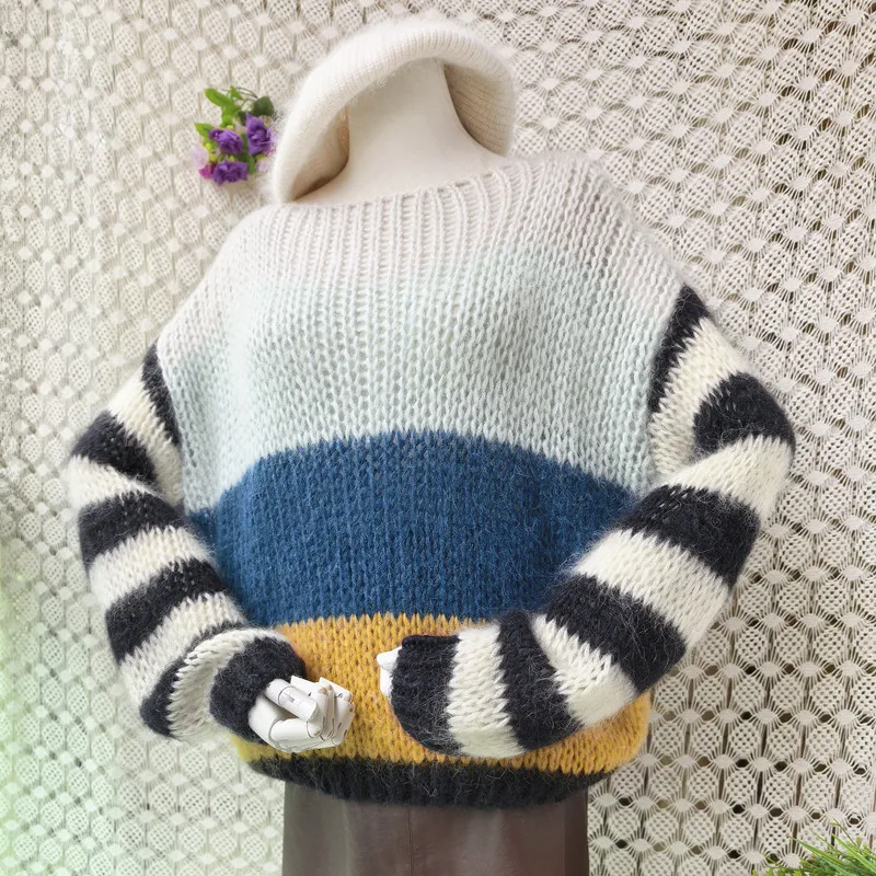

2026 Spring Autumn Fashion Mohair Wool Knitted Colored Striped Crew Neck Chic Loose Lazy Oaf Outwear Pullover Sweater Women 751