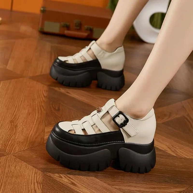 

9CM Fashion Weave Synthetic Microfiber Leather Pumps Platform Wedge Hook Summer Women Hollow Sandals Flats Women Slippers Shoes