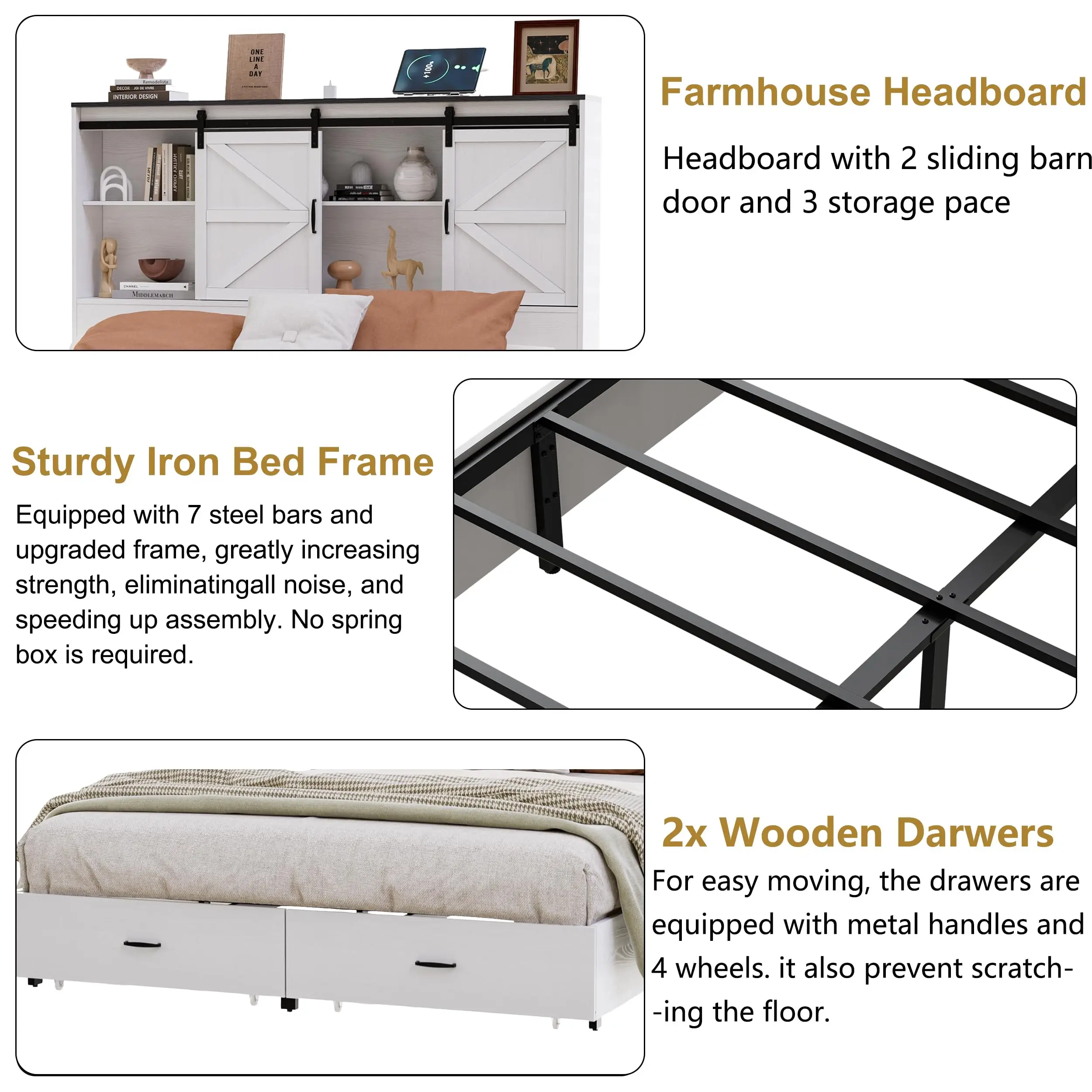 Farmhouse Queen Size Bed with Storage Bookcase Headboard with Sliding Barn Door, Charging Station, Sturdy Iron Bed Frame