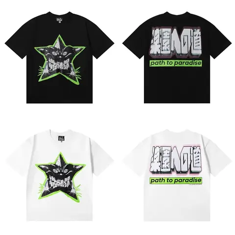 올바른 버전 HEII Hell Star Pentagram Print American High Street 루즈한 남성 및 여성 반팔 커플 티셔츠 여름