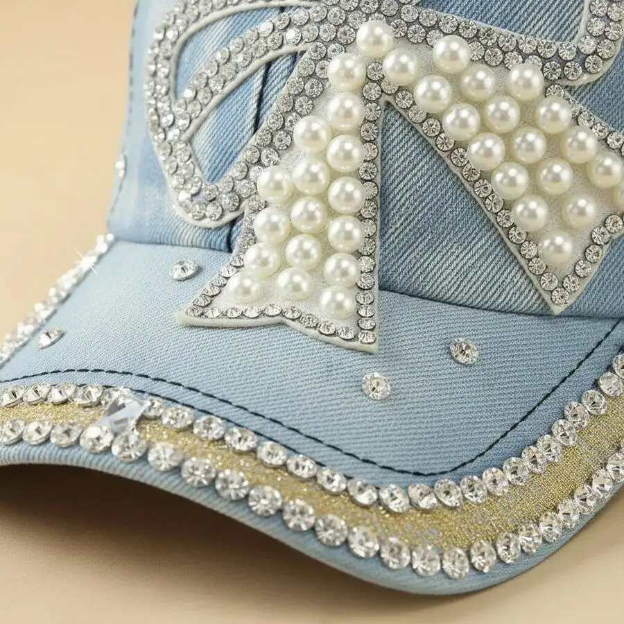 

Fashion Denim Baseball Cap With Pearl And Rhinestone Embellishment For Women