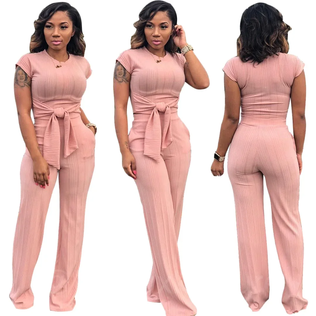 

Women Two Piece Pant Set Round Neck Short Sleeve Lace Up Top Sports Trousers Gym Matching Sets Work Jogger Fitness Outfits