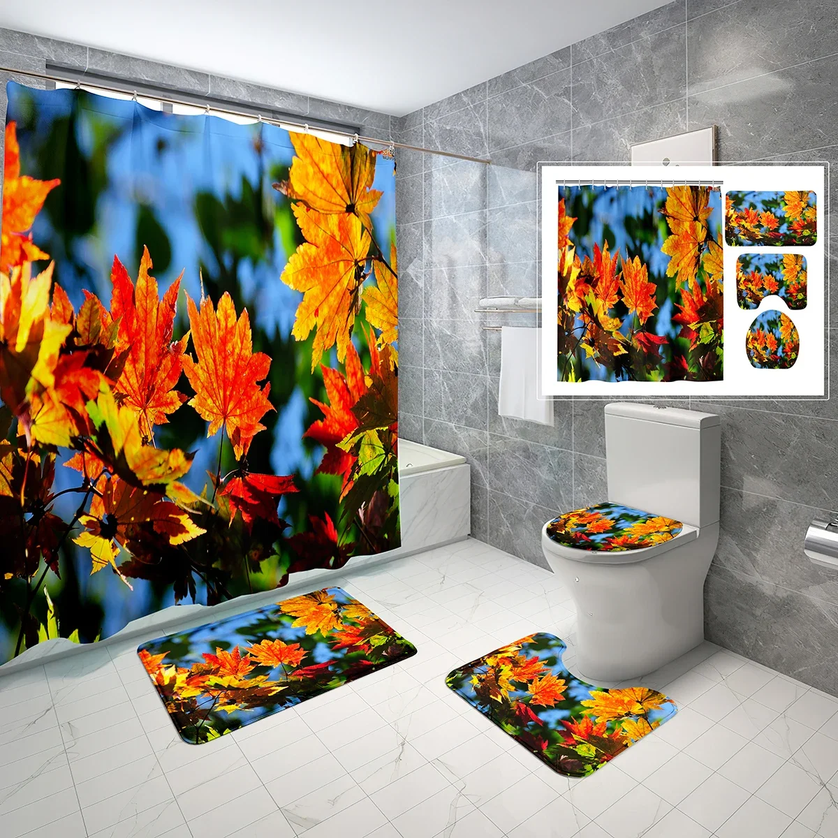 4 PCS Autumn Theme Shower Curtain Sets,Tree Fallen Leaves Bathroom Waterproof Bath Curtain,Non-Slip Bath Mat Toilet Cover Set