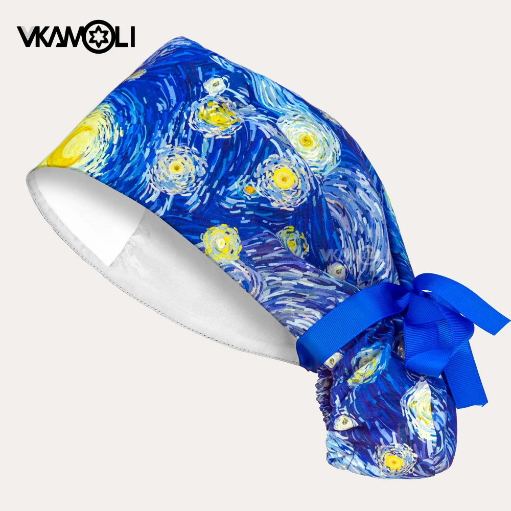 Cartoon bedrukte medische zijde satijn gevoerde chirurgische paardenstaartkap voor dames Arts verpleegkundige hoofddeksel lang haarverzorgingsmuts