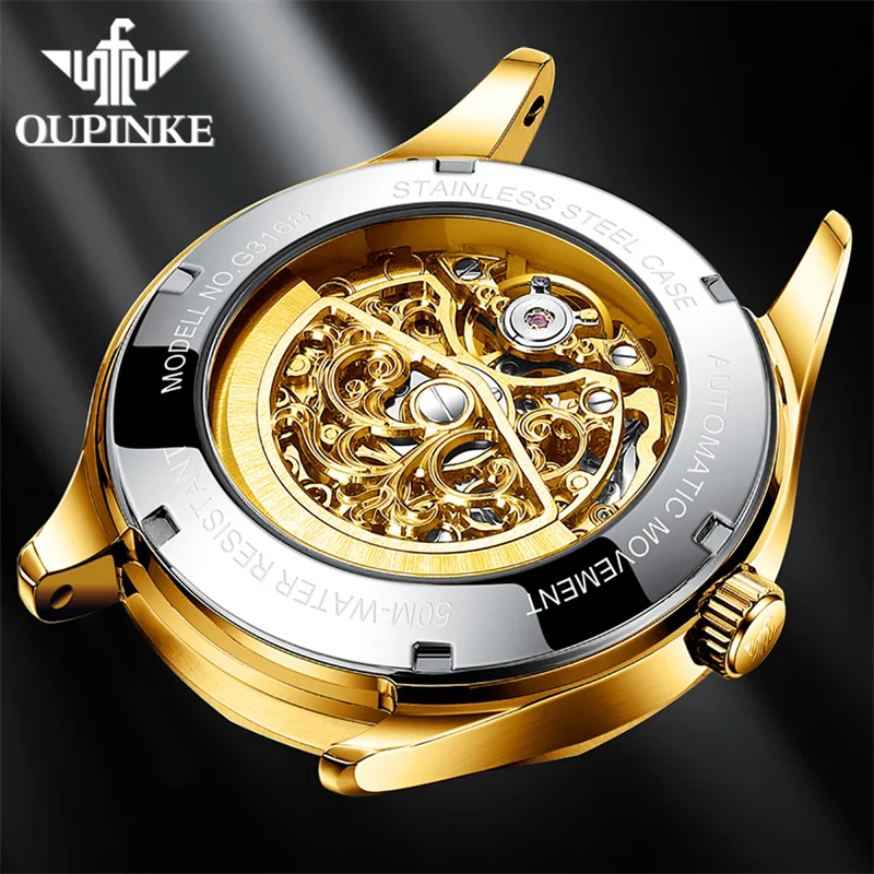 OUPINKE Automatic Tourbillon Men`s Mechanical Watch 5Bar Waterproof Luminous New Luxury Engraved Skeleton Mechanical Watch Reloj