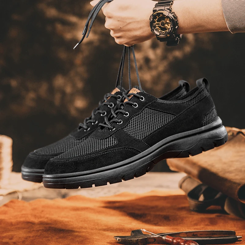 Handcrafted Men's Leather +mesh Shoes breathable summer autumn Lace Up Casual Oxfords Comfortable Insole Office Mens Shoes