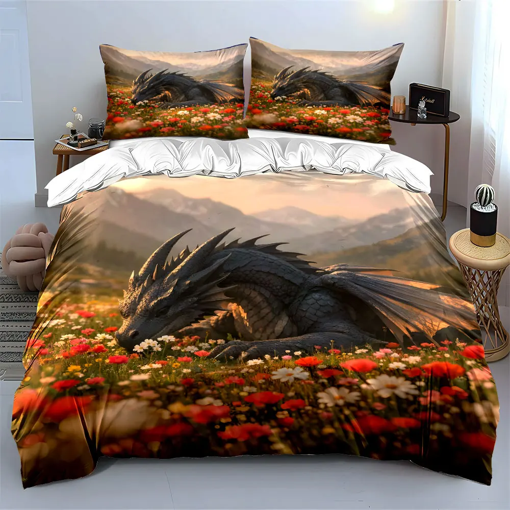 Black dragon resting in flowers Pattern Duvet Cover Set Digital Print Colorful Polyester Bedding with Zipper Closur for gifts 3