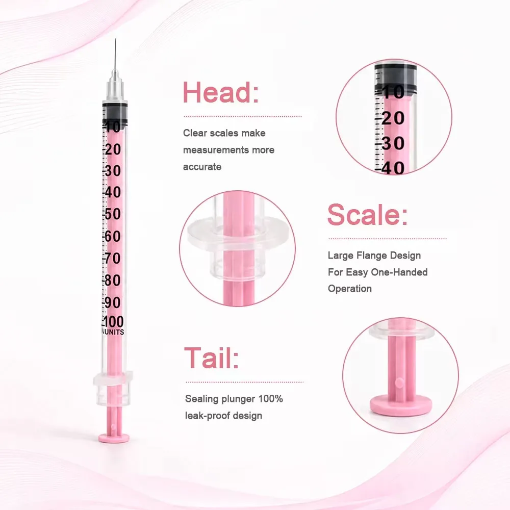 30Pcs Macaron Pastel Pink U-100 Insulin Syringes 1ml 30G 31G 8mm Sterile Single Use Individually Sealed Box Pack for Pets Lab