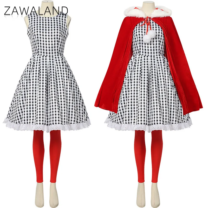 

Christmas Black White Plaid Dress Cosplay Costume For Woman Winter Sleeveless Dresses Xmas Festival Outfit with Red Hooded Cloak