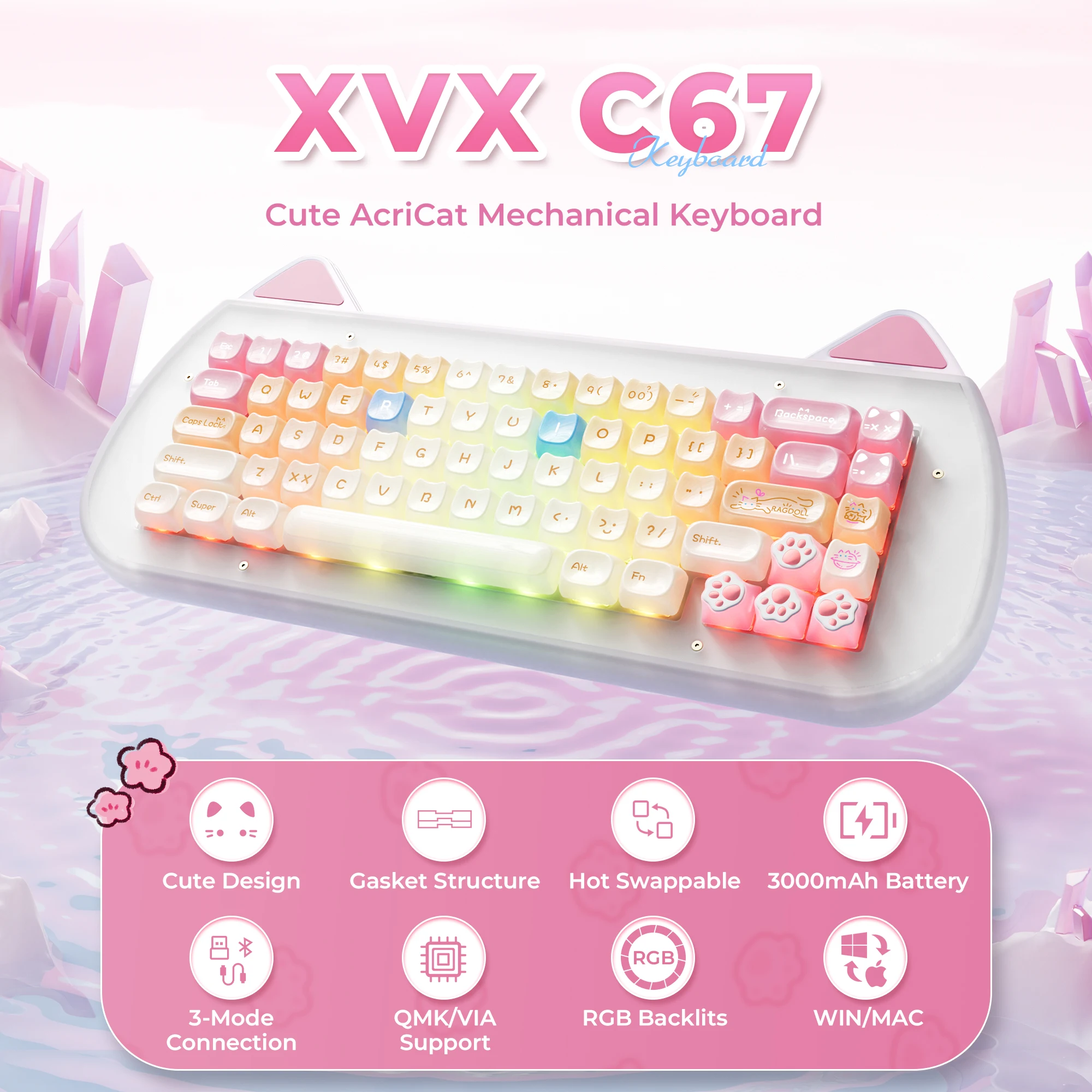 XVX C67 Wireless Mechanical Keyboard 60% Gaming Creamy Keyboard Custom QMK/VIA BT5.0/2.4G/USB-C Mode Hot Swappable RGB Backlits