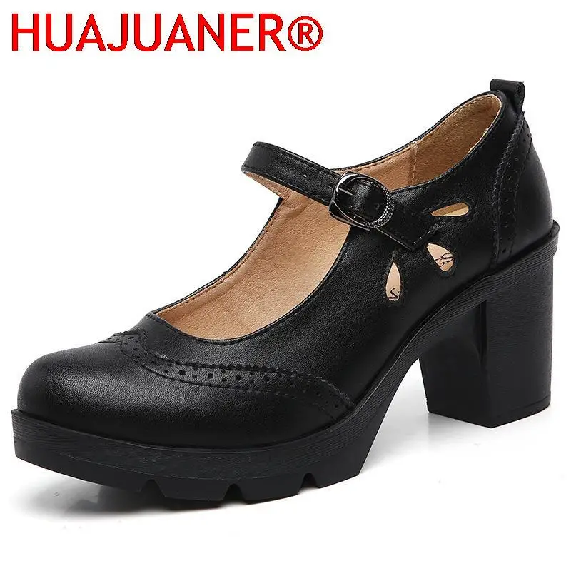 Elegant Genuine Leather Women Shoes Round Toe Mary Janes Platform Shoes Vintage Carved Hollow Ladies Shoes Beige Big Size 34-43