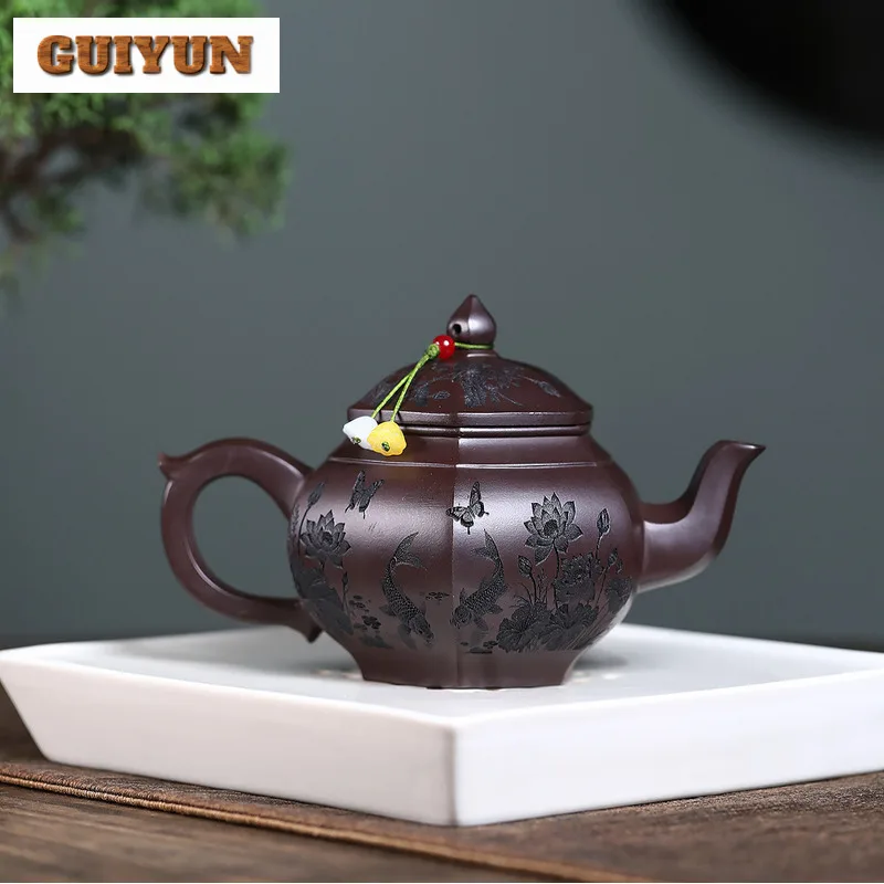 340ml Yixing Purple Clay Teapots Handmade Palace Lantern Pot Raw Ore Dragon's Blood Sand Tea Infuser Kettle Infuser Zisha Teaset