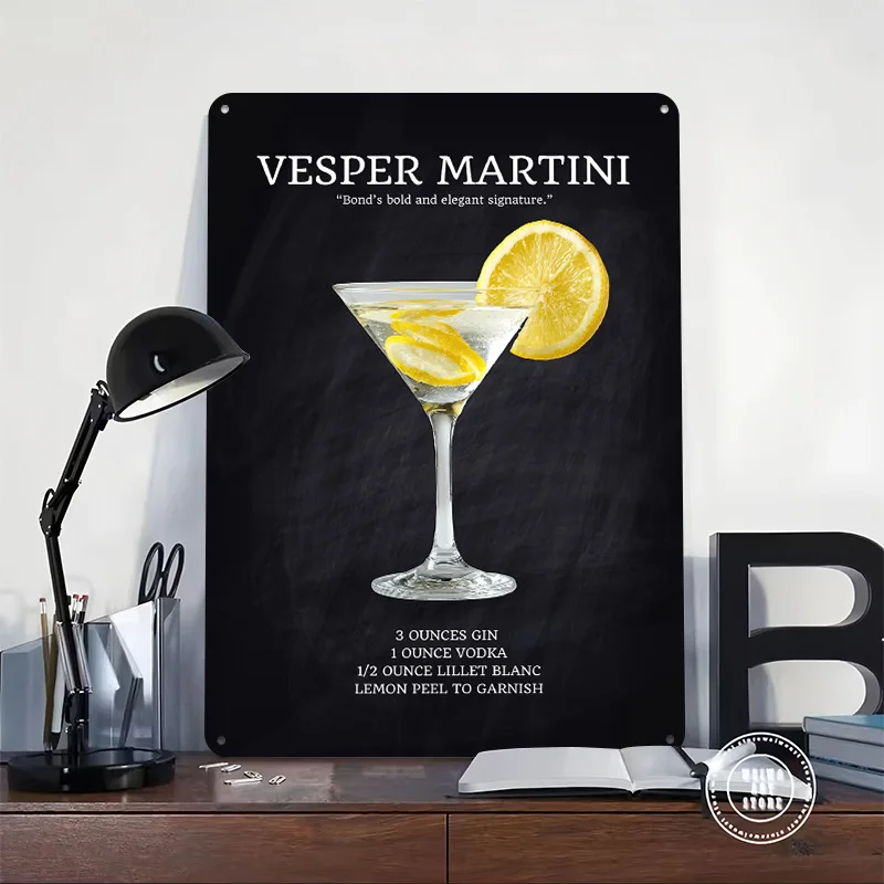 Vesper Martini Cocktail Recipe Poster Customized Vintage Metal Signs Wall Art Retro Tin Plaque for Living Room Decorations House
