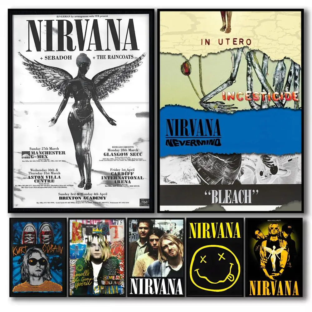 N-Nirvana Band Poster Stickers Self-Adhesive Painting Mural Decor Wall Decals for Bedroom Living Room Home HD Gift