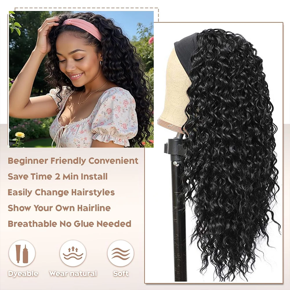 40 Inch Headband Wig Human Hair Deep Wave Glueless None Lace Front Wigs for Black Women 250% Density Wet and Wavy Headband Wig Curly Wave Curly Long Headband Wig Natural Color - view 3