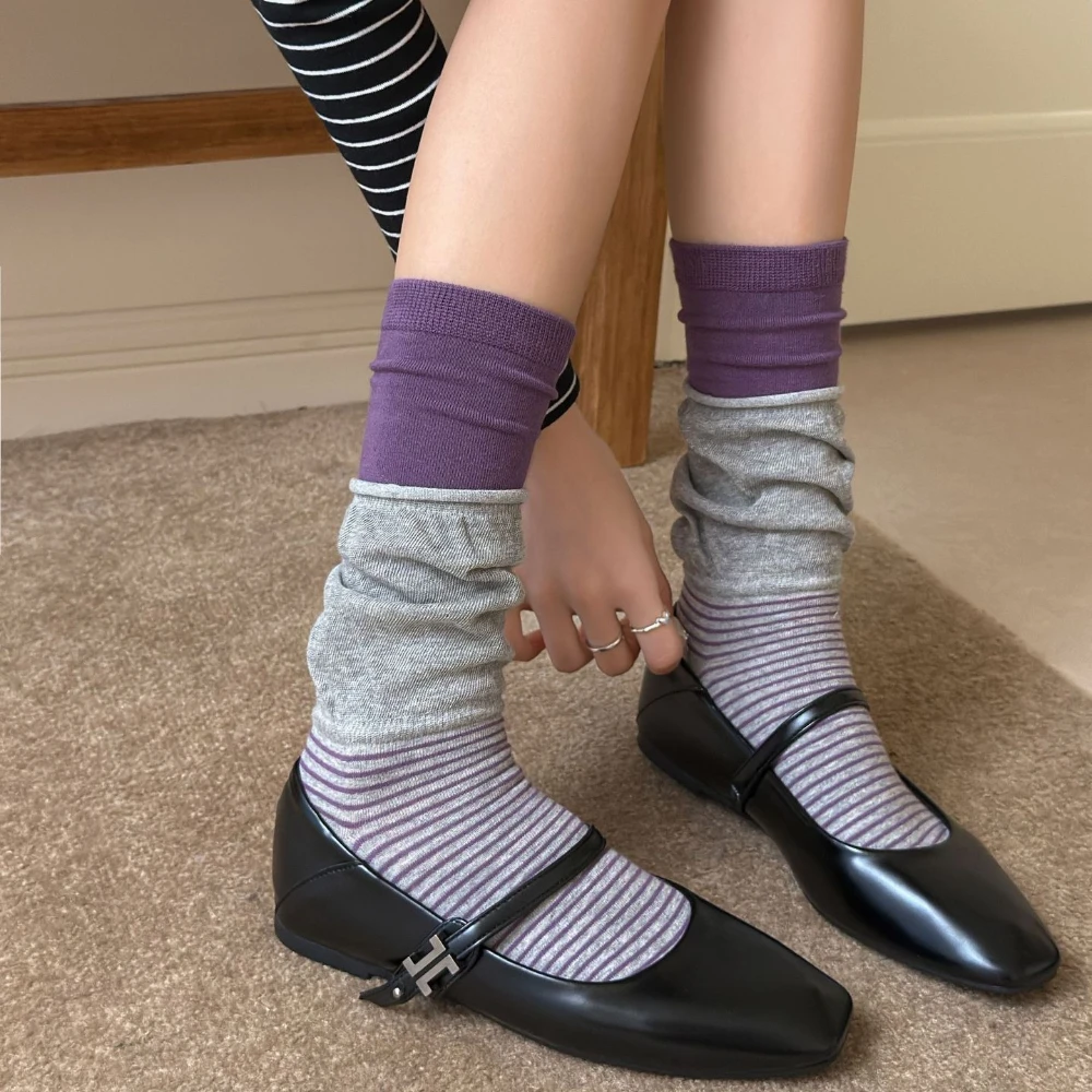 Autumn Women Spliced Polka Dot Stripe Socks Fashion Color Contrast Muted Brown Tone Mid Calf Socks Outdoor Dress Daily Socks