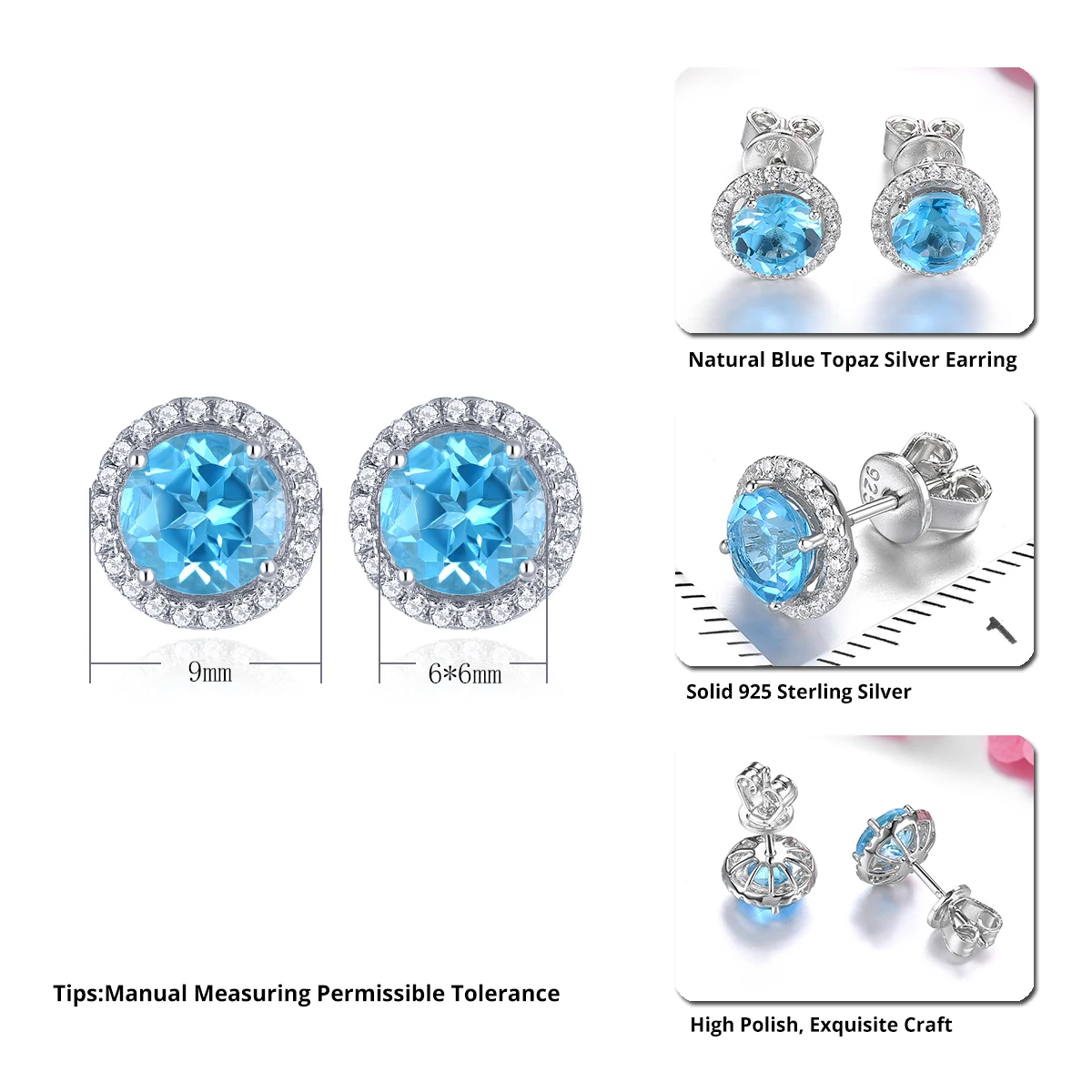 Natural Blue Topaz Sterling Silver Stud Earring 2 Carats Round Faced Deep Blue Topaz Women Classic Fine Jewelrys Top Quality