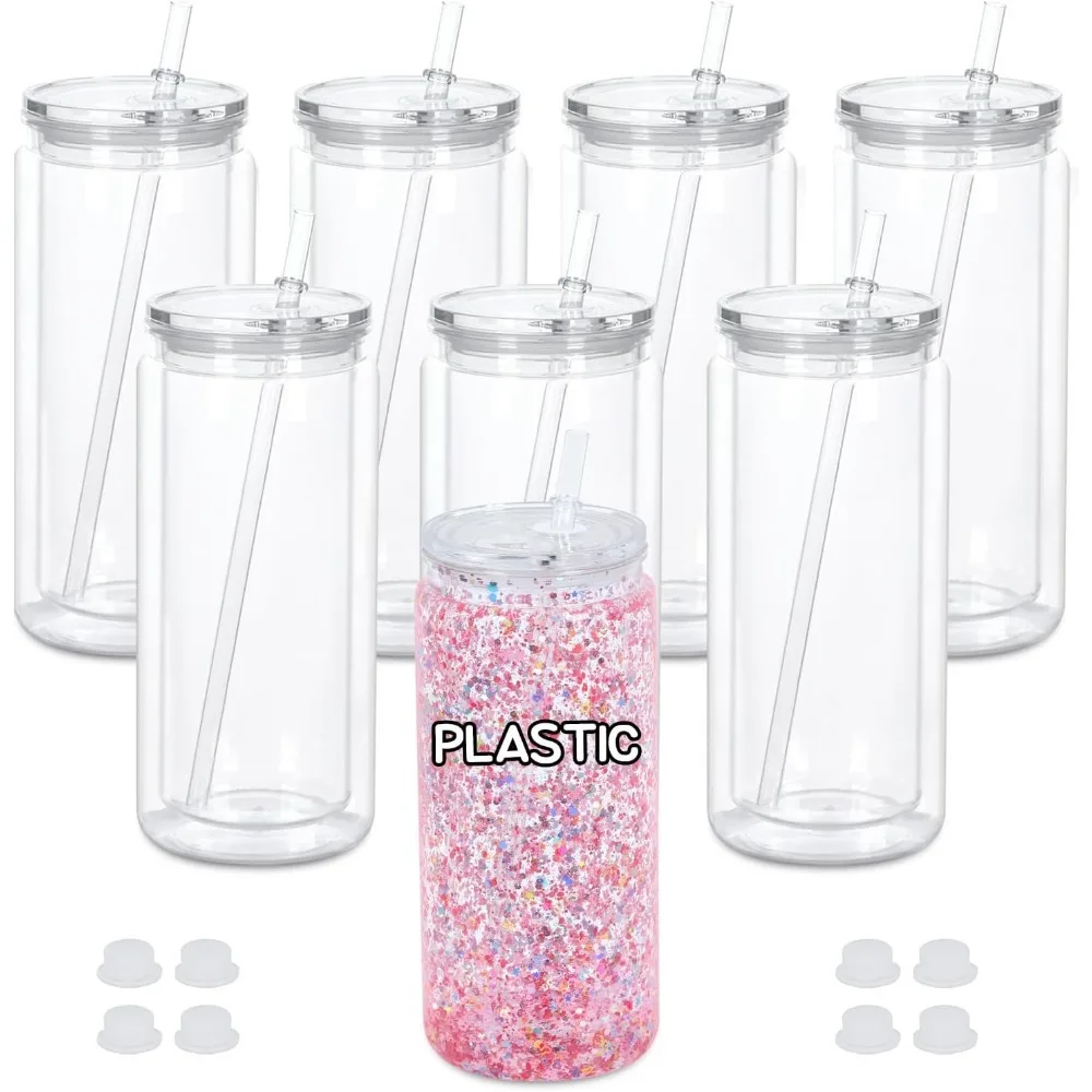 HOME - Vaso de globo de nieve de plástico de 20 Oz, paquete de 8 vasos de globo de nieve acrílicos de doble pared preperforados, vaso de plástico transparente para