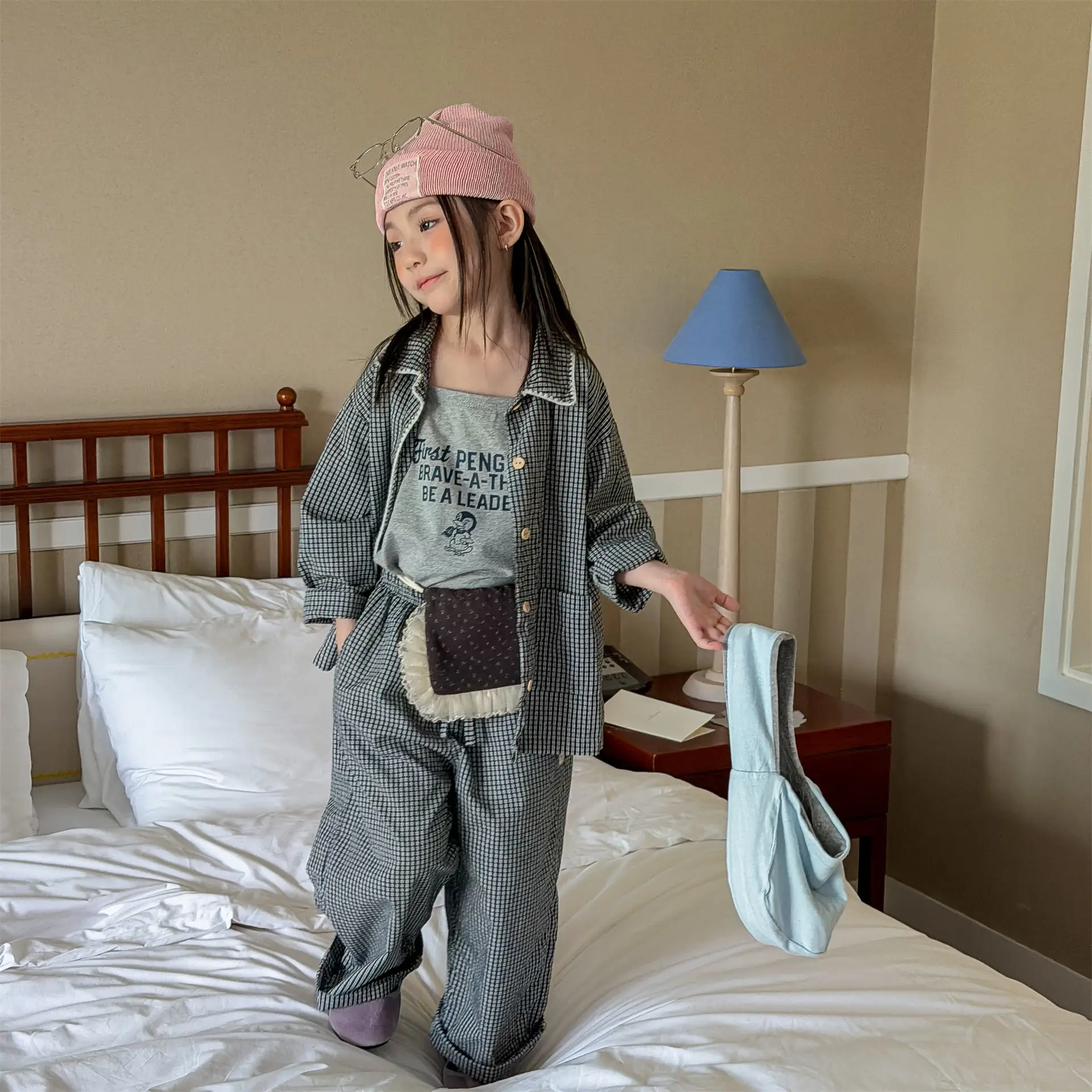 2026 Spring New Children Loose Home Clothes Set Girls Lapel Plaid Pajamas 2pcs Suit Cotton Kids Boys Casual Pants Outfits