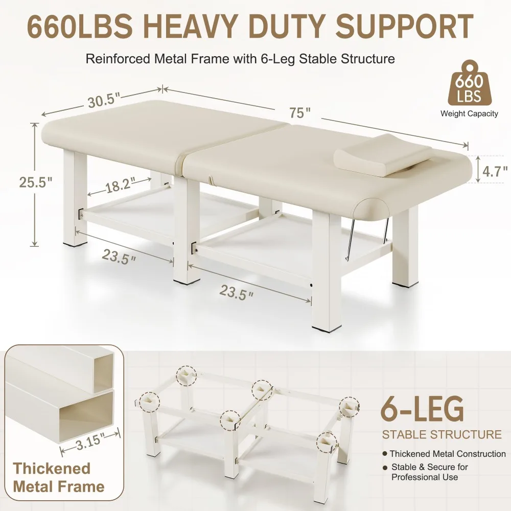 Folding Stationary Massage Table with Backrest and Storage Space for Treatment Table Physical Therapy Table Spa Facial