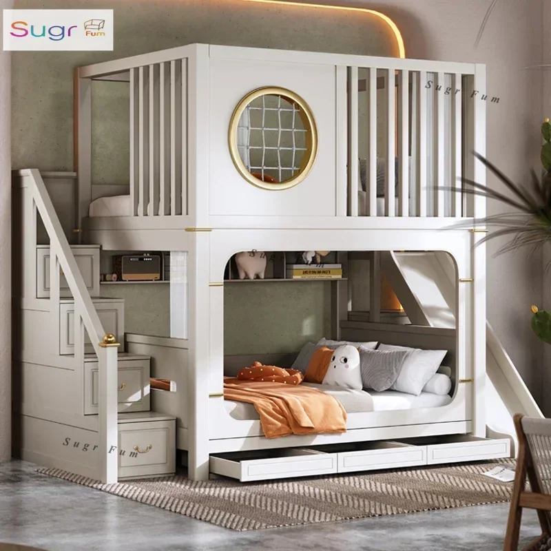 

Bed Mother and Child Double Layer Siblings Upper and Lower Bunk with Slide High Guardrail Princess Castle Tree House Bed