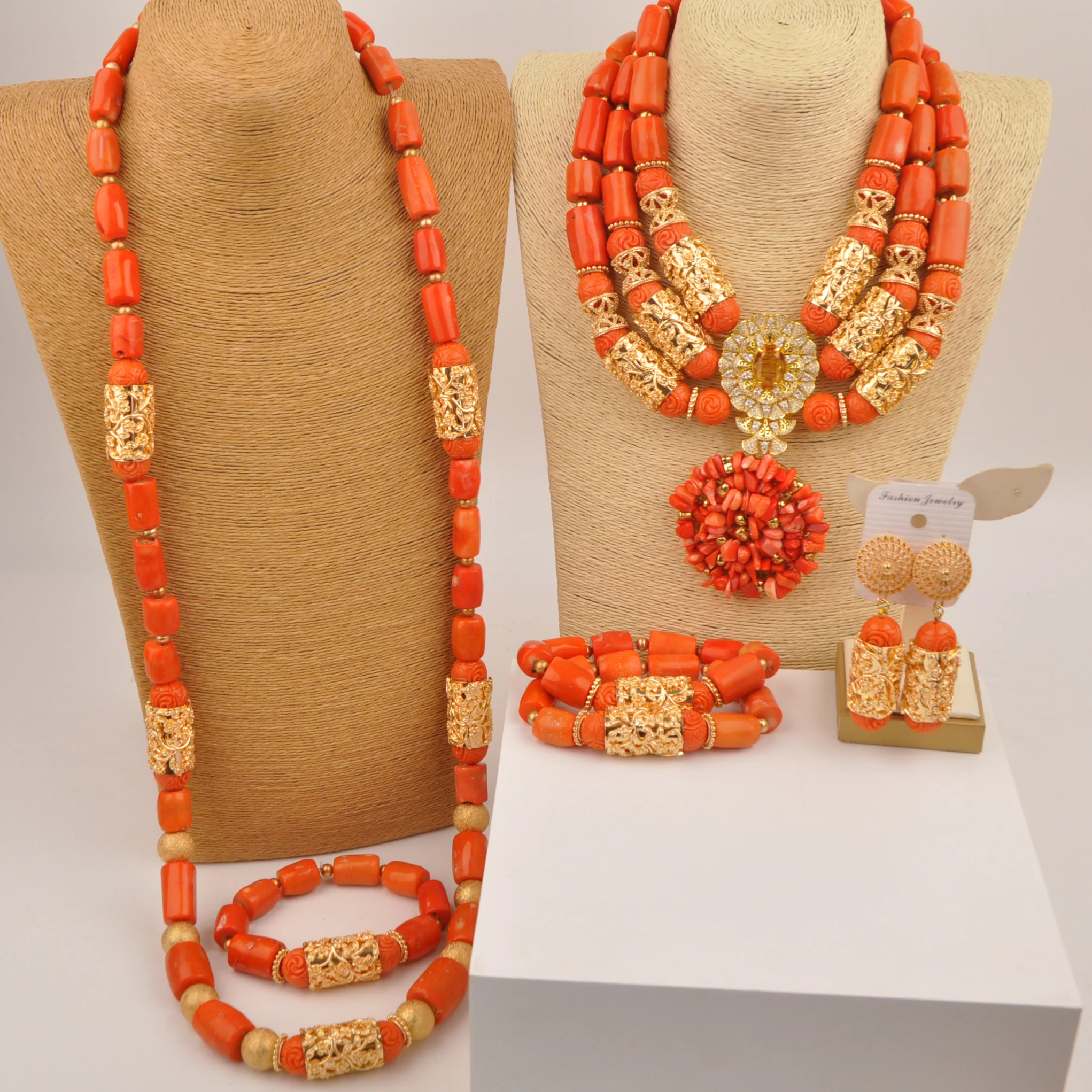 

Orange natural coral bead necklace set stylish Nigerian wedding couple African jewelry