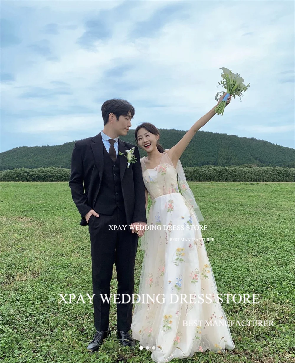 XPAY Elegant Lace Embroidery Korea Wedding Dresses Sweetheart Pleat Photos Shoot A Line Bridal Gown Custom Backless Bride Dress