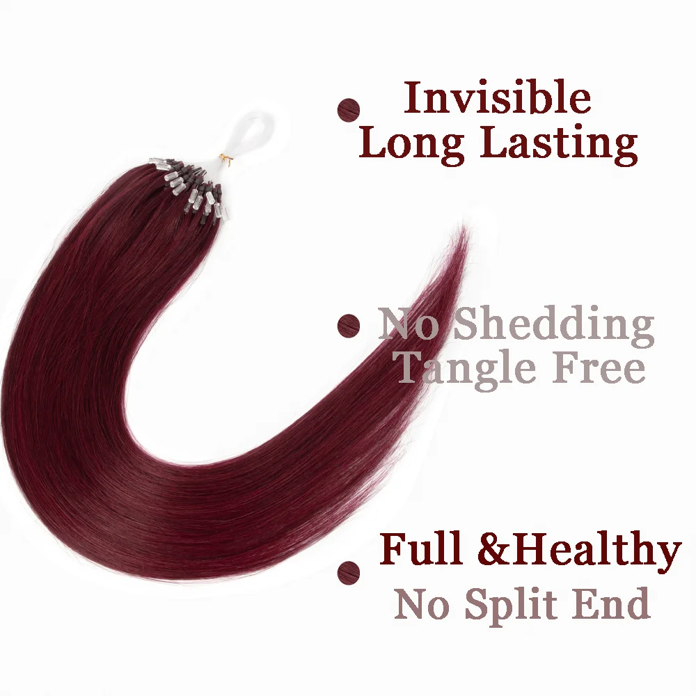 وصلات شعر بحلقة صغيرة من الشعر البشري الحقيقي باللون العنابي، شعر مستقيم للنساء، نهايات طبيعية، تركيب بسيط، يمكن إعادة الاستخدام، 50 قطعة