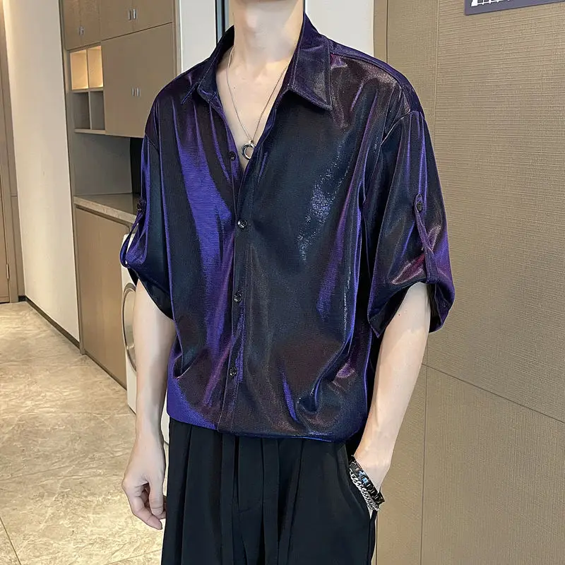 

Luxury Trend Summer New Shirts for Men High-end Liquid Metal Reflective Shiny Shirt Streetwear Hip Hop Performance Shirts Tops