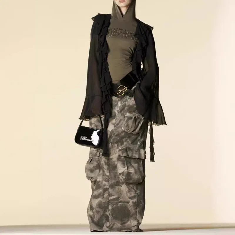 HKSH Primavera Estate Nuove donne Chic Vintage Streetwear Design originale Camouflage Multi-tasca Dritto Gonne di jeans lunghe HK5603