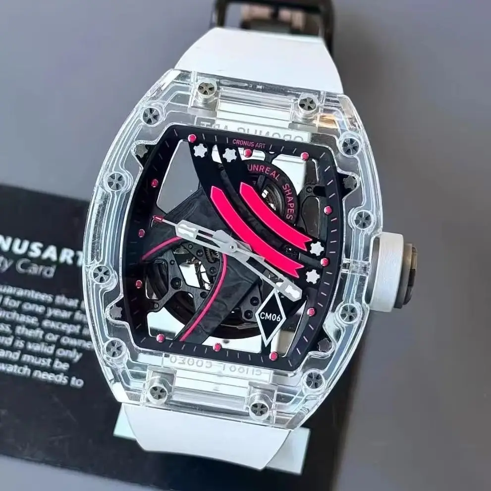 CRONUSART Men Automatic Watch Tonneau Mechanical Wristwatch Acrylic Case Luminous K9 Mirror FKM Strap Skeleton Rainbow Dial