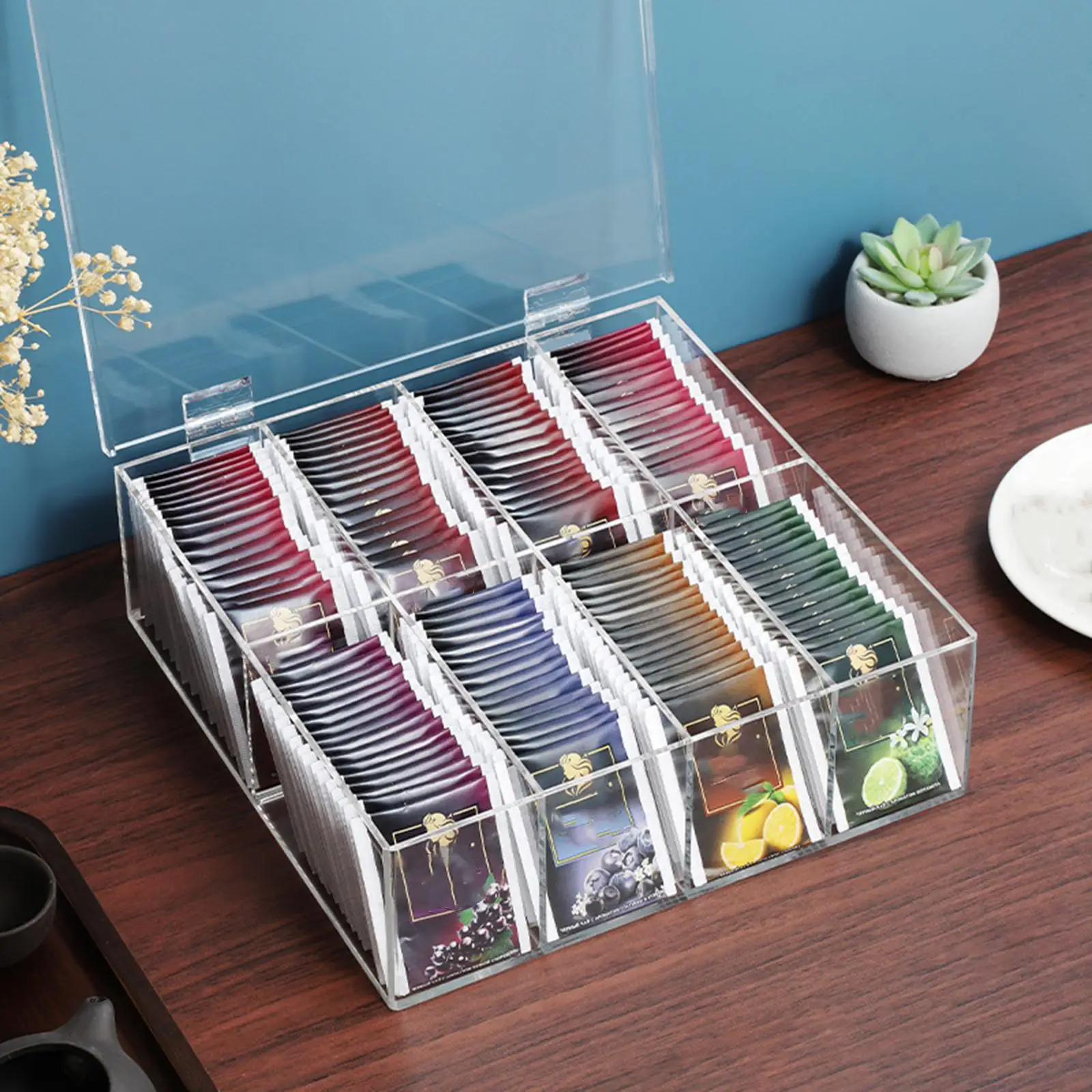 Tea Bag Organizer Hinge Lid Storage Bin Box for Kitchen Cabinets Countertops Drawer Counter Cabinet Sweeteners Holder with Lid