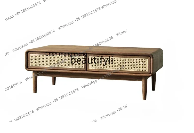 

X Nordic Solid Wood Coffee Table Black Walnut Personalized Rattan Small Apartment Simple Modern Sofa Tea Table HomeQ