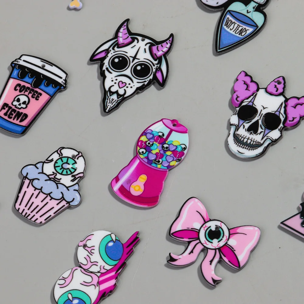 10pcs/lot Halloween Pink Cartoon Cat Sheep Eyeballs Acrylic Charms Pendant for DIY Jewelry Making keychain Earring Accessories