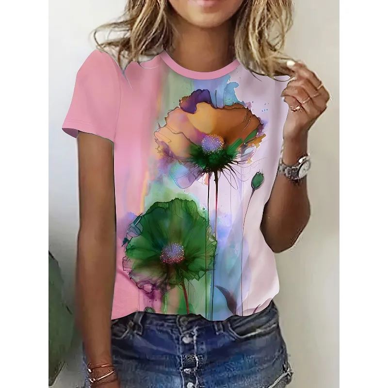 

Women's T-shirt Elegant Abstract Flower and Color Blocked 3D Printed Short Sleeve Casual Fashion Versatile Comfortable Top