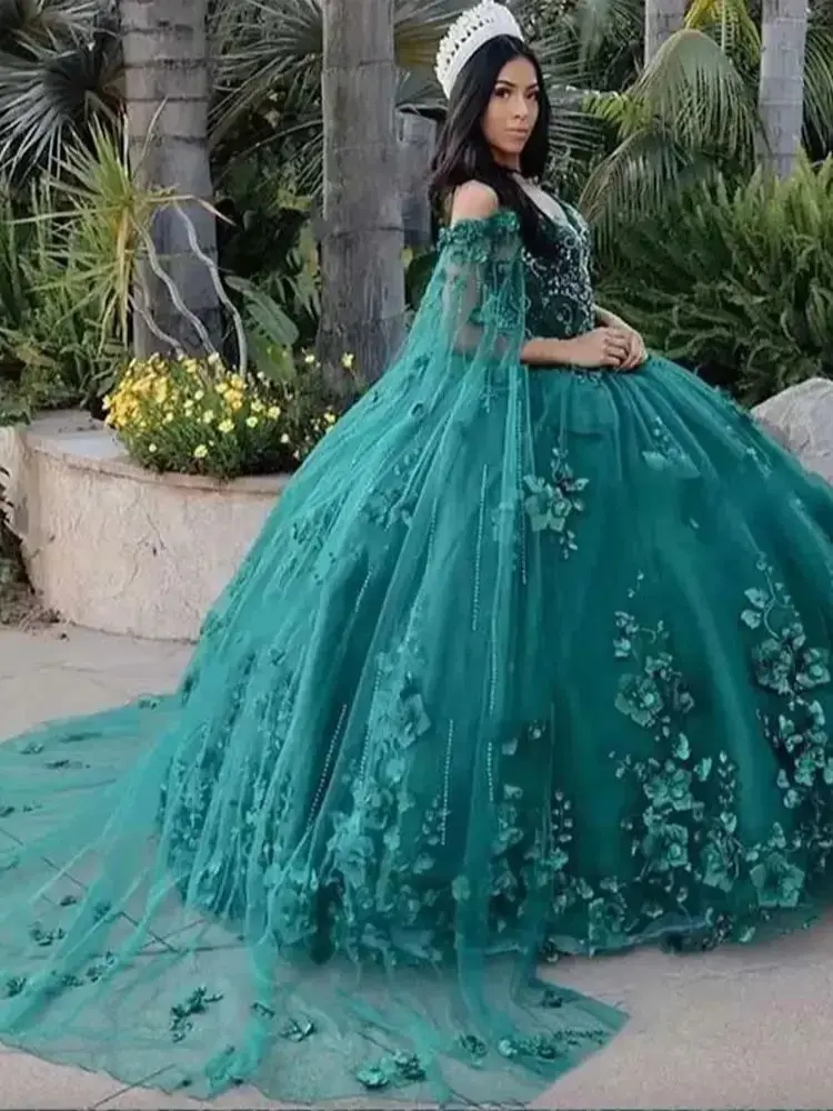 Vestidos de Quinceañera de tul verde oscuro con chal, Vestidos de baile de graduación con cuello en V, vestido de noche para fiesta de cumpleaños, Vestidos de graduación con cordones