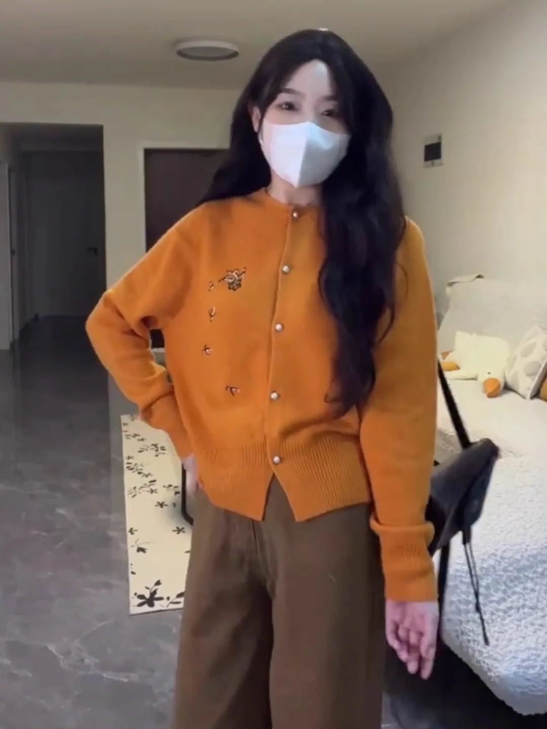 Retro Orange Embroidered Knitted Cardigan ort Sve Long Sve round Ne Spring Autumn Women's Unique Inner Wear Top