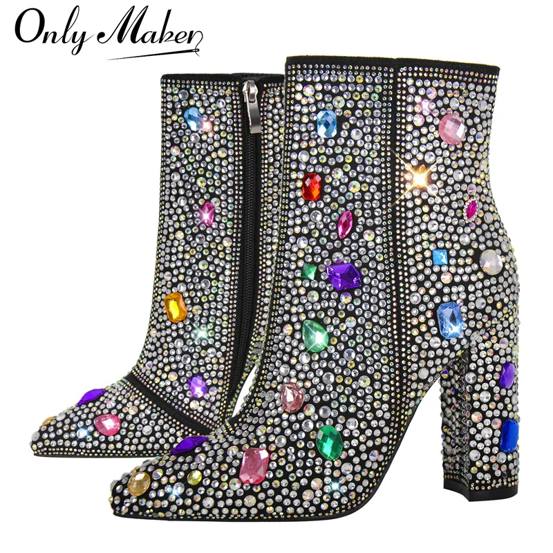 

Onlymaker Woman Pointed Toe Rhinestones Ankle Boots Zipper Square Heels Bling Fashion Party Dress Big Size Lady Booties