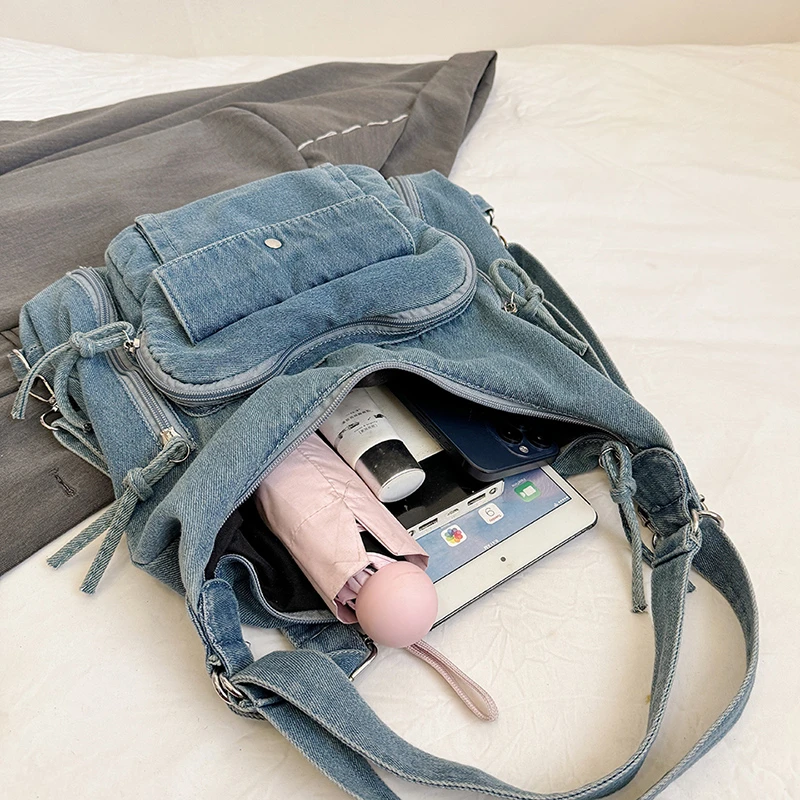 Bolsa de ombro moderna jeans de cor sólida para 2025, alta qualidade, zíper, grande capacidade, versátil, bolsa crossbody feminina