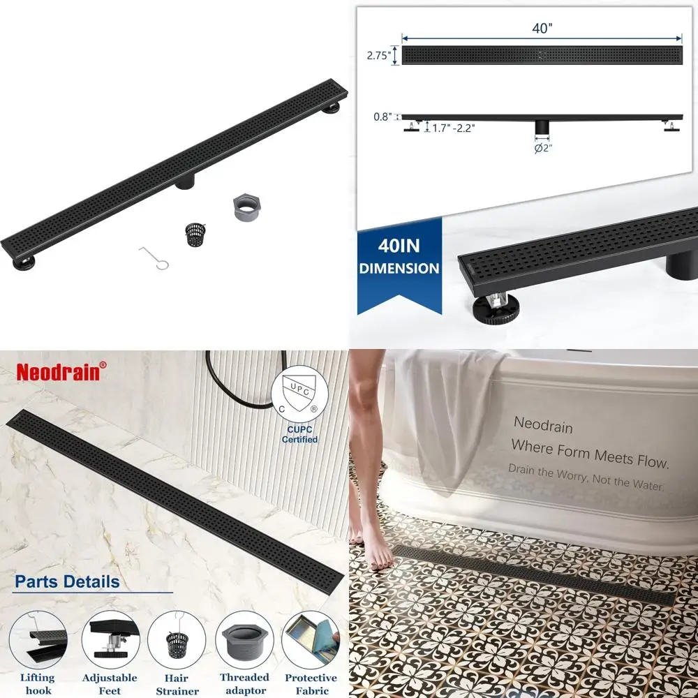 

Linear Shower Drain 40 Black, 304 Stainless Steel, Removable Quadrato Pattern Cover, Rectangle Floor Drain for Showers