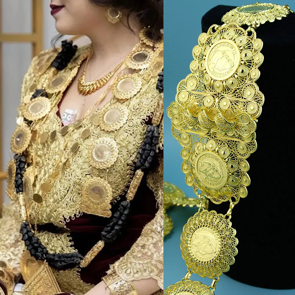 Sunspicems Francais Empire Algeria Coin Belt For Women Gold Color Napoleon Waist Chain Kaftan Belt Morocco Bride Jewelry