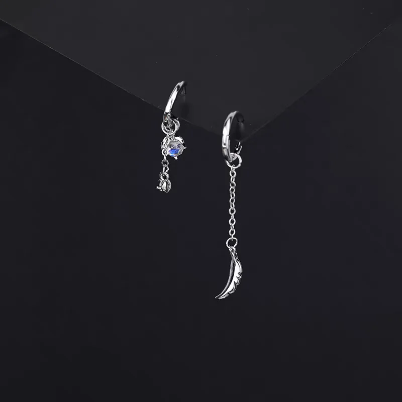 925 Sterling Silver Asymmetrical Feather Earrings Fashionable Design Fringes Round Pendants Korean Version Earrings for Women