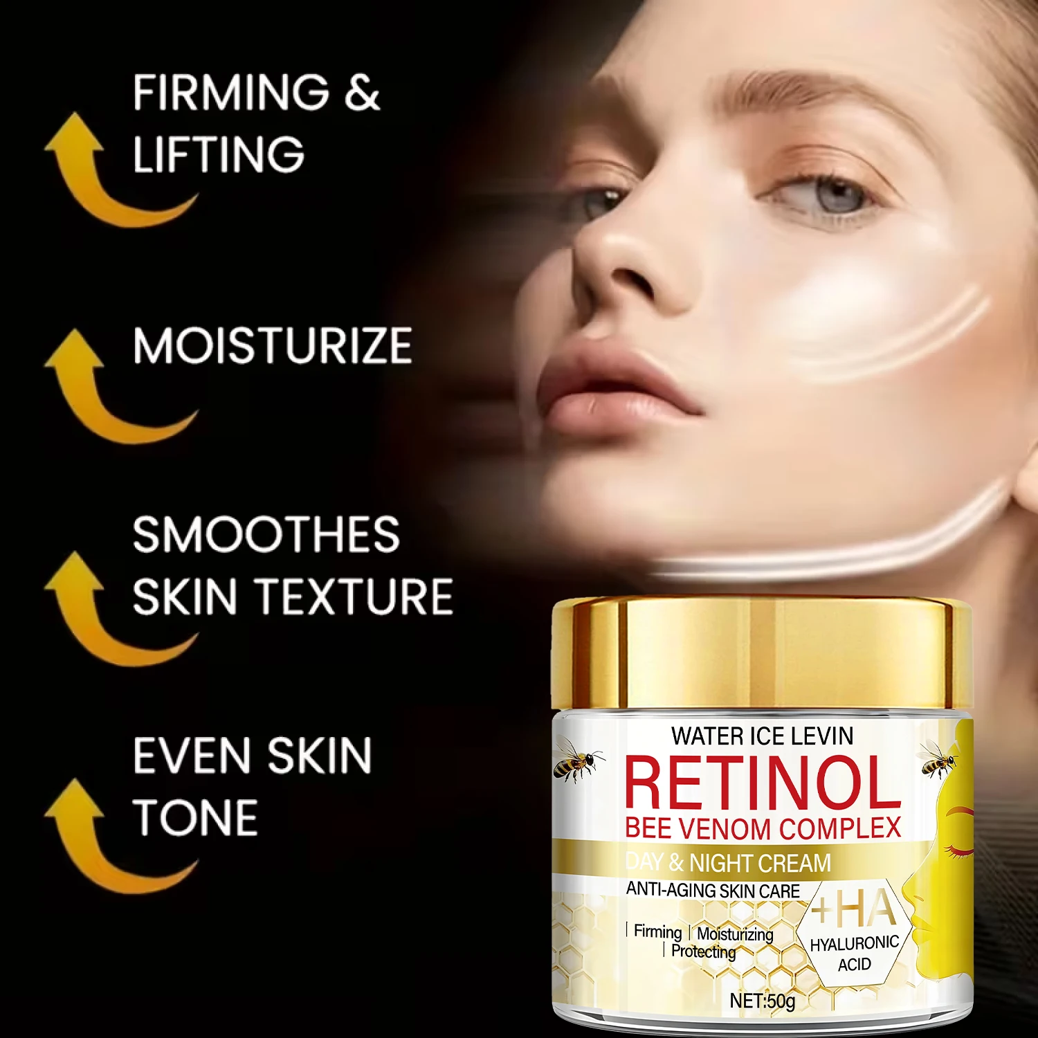 Retinol Bee Venom Firming Cream Anti-Aging Skincare. Lifts, Hydrates, Moisturizes. Nicotinamide Collagen Complex. Powerful Lift.