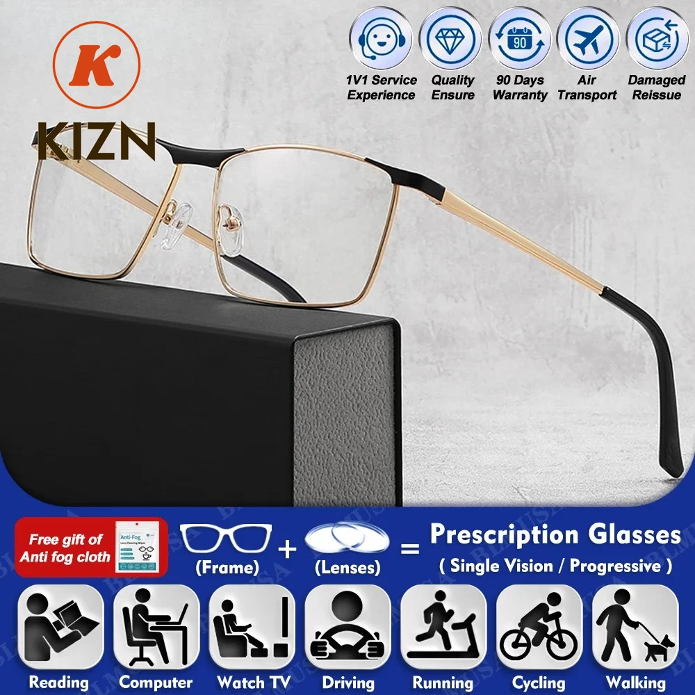 

KIZN (L) Винтажные прямоугольные мужские очки для компьютера от близорукости, высококачественные, с защитой от синего света, фотохромные, мультифокальные, по рецепту