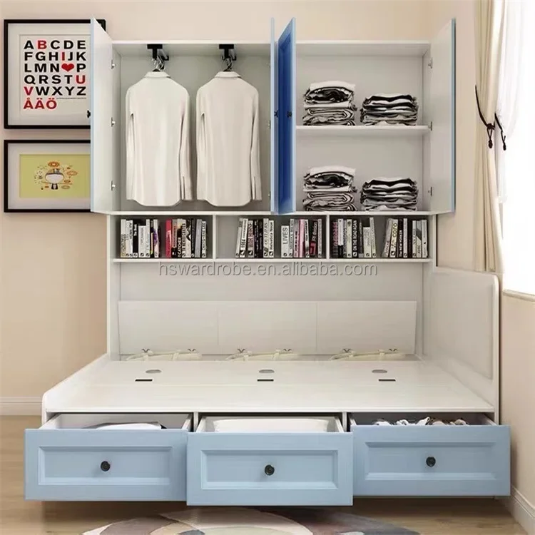 Smart Children's Wooden Bed with Modern Design Swing Door Wardrobe and 3 Large Drawers for Big Storage