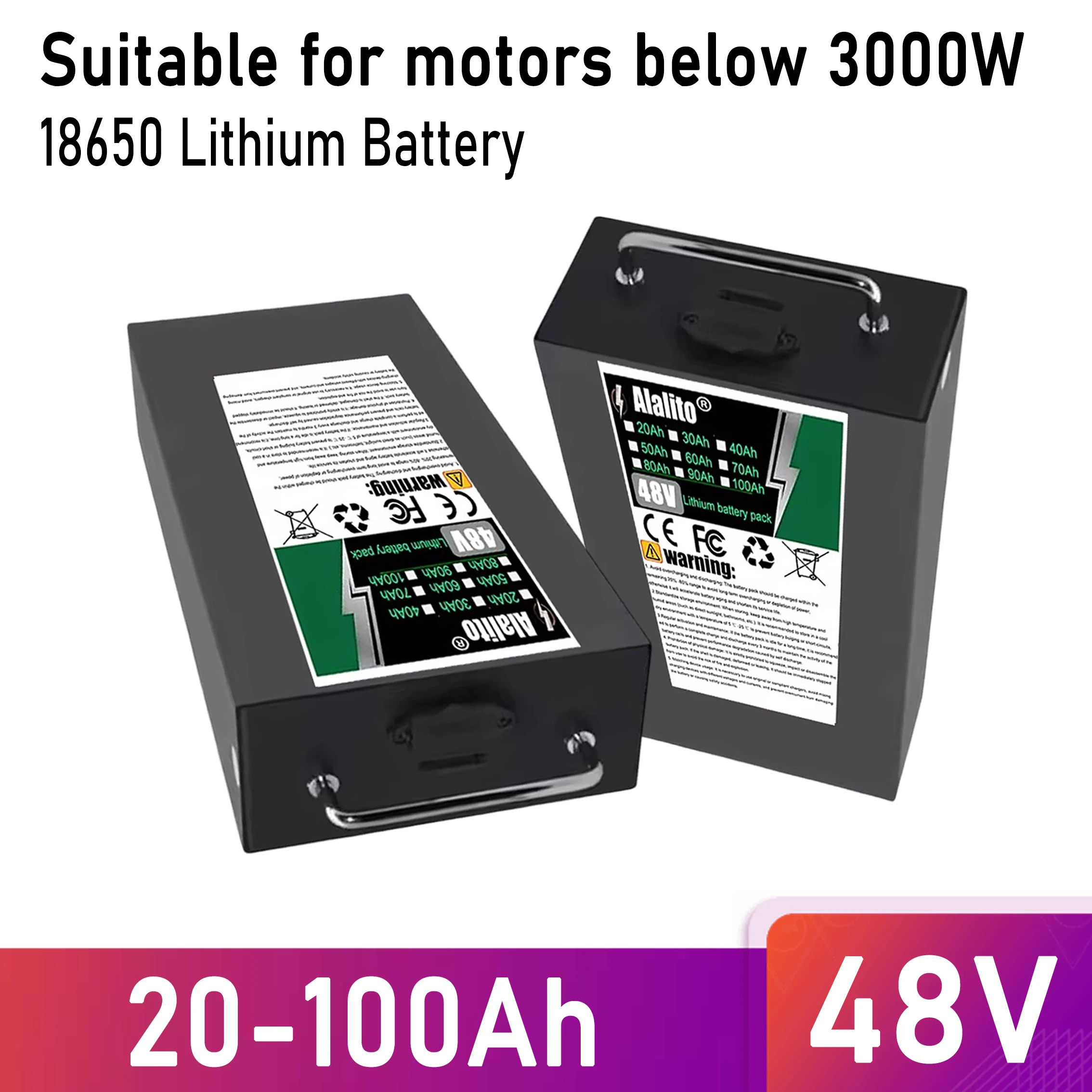 

48V 100Ah， Air freight, 18650 lithium-ion battery pack, suitable for 250-2000W equipment motors, with multiple capacity options